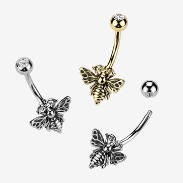 Detail View 1 of Golden Antique Queen Bee Belly Button Ring-Clear Gem